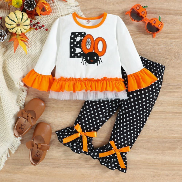 Fall Halloween Lace Princess Bow Flared Pants Girls Suit Wholesale Girls Clothes