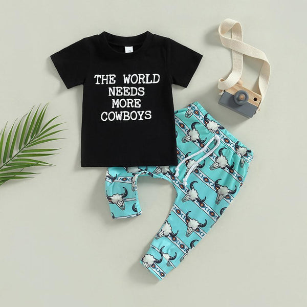 Summer Short-sleeved Letter T-shirt Cow Printed Pants Set Wholesale Boys Clothes