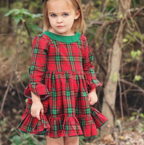 Christmas Girls Plaid Stitching Solid Color Dress Wholesale Girls Dress