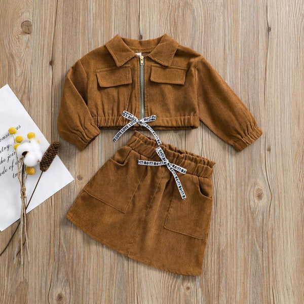 Autumn And Winter Girls Suit Corduroy Zipper Jacket Short Skirt Suit Wholesale Girl Clothing
