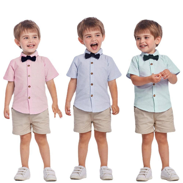 Summer Boys Striped Lapel Single-breasted Cotton Short Sleeve Shirt Strap Shorts Set Wholesale Boys Clothes