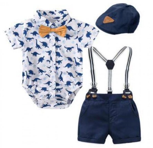 Baby Boys Summer Dinosaur Printed Romper and Suspenders Shorts Set Baby Clothing In Bulk