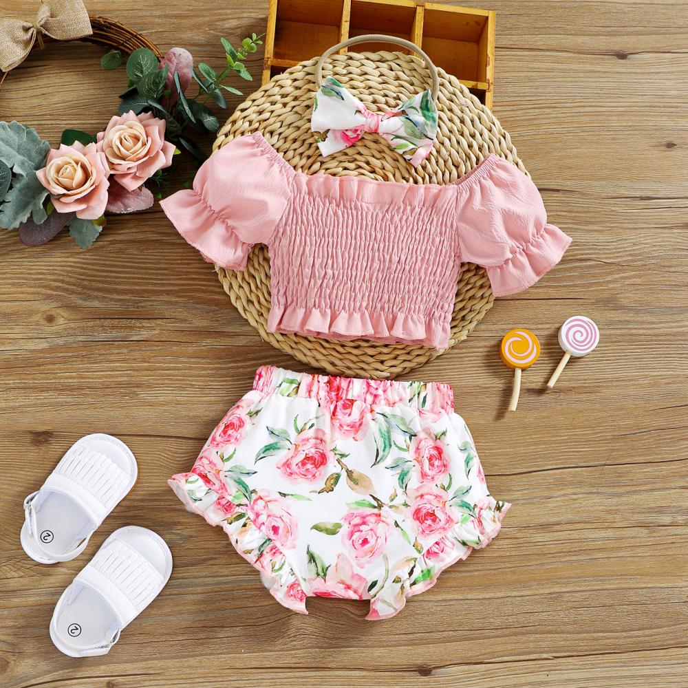 Girls Princess Bubble Sleeve Bow Top Floral Shorts Set Baby Clothing Wholesale Distributors