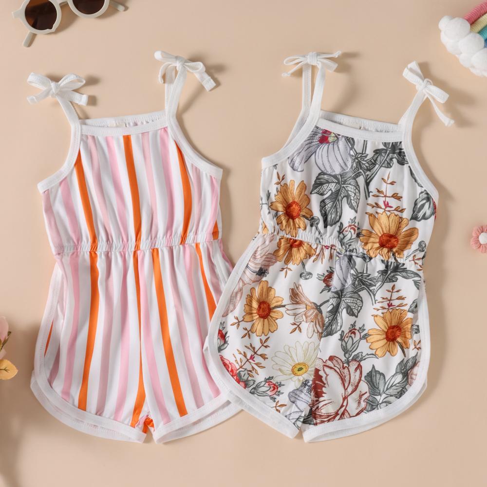 Treasure Summer New Girls' Clothing Suspenders Striped Printed One-Piece Shorts Romper Wholesale Kids Clothes