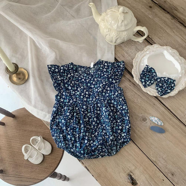 Summer New Baby Floral Fly Sleeve Romper With Hairband Wholesale Girls Clothes