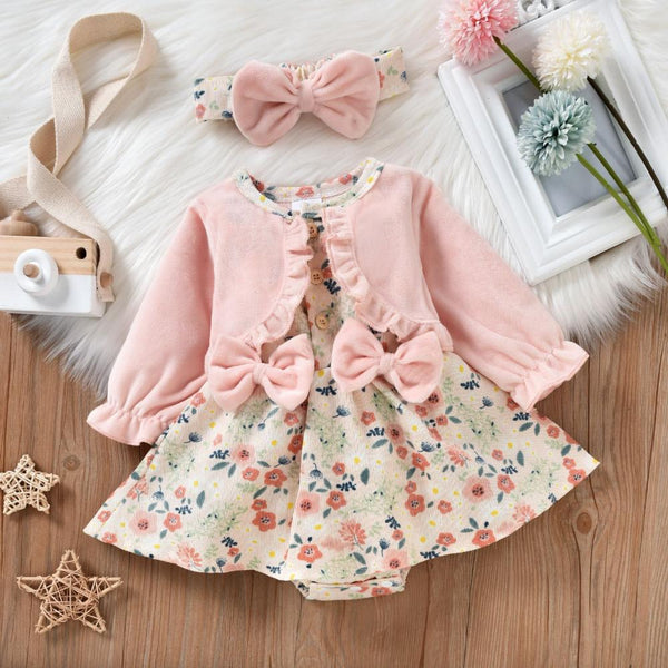Baby Girl Cotton Long Sleeve Bow Print Dress Romper Two Piece Set Wholesale Girls Clothes