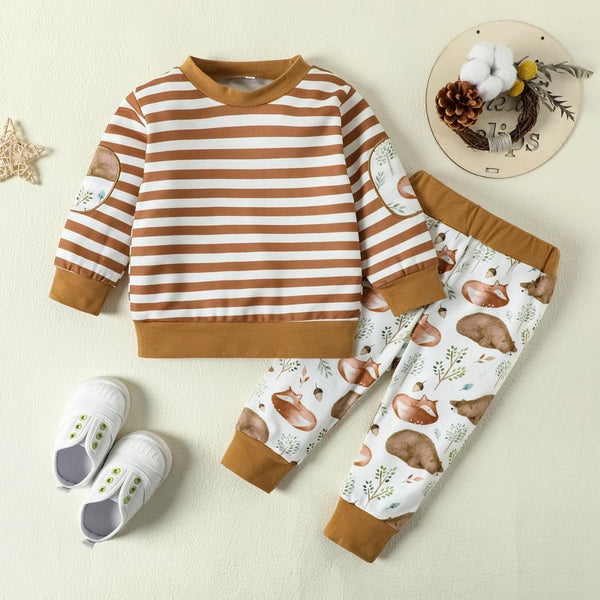 Kids Striped Animal Print Two Piece Kids Sweatshirt Set Baby clothes Wholesale