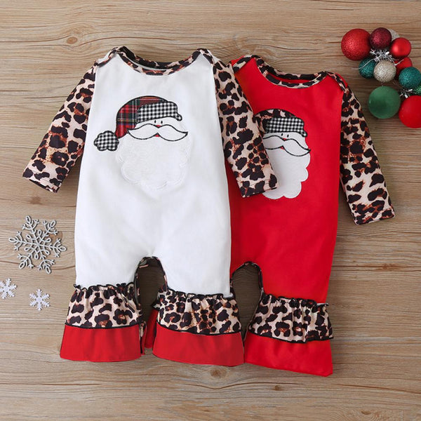 Santa Leopard Print Long Sleeve Romper Newborn Christmas Romper Wholesale