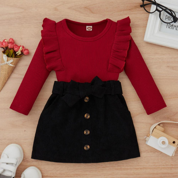 Autumn and Winter Pit Strip Flying Sleeve Red Top Black Skirt Two-piece Girls Suit Wholesale