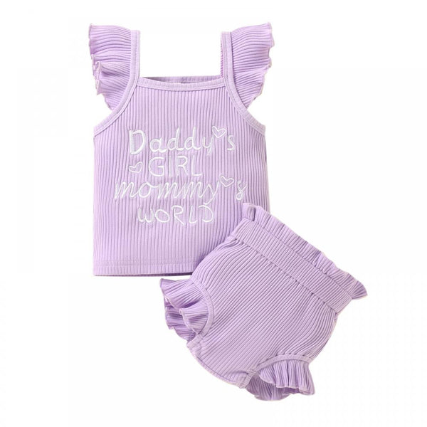 Newborn Baby Girls Shorts Set Summer Fly Sleeve Letter Printed Top and Shorts Set Baby Clothing Wholesale Distributors