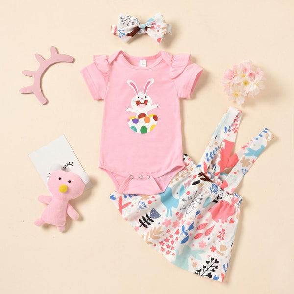 0-2 Years Old Girls Easter Set Rabbit Printed Romper Suspender Skirt Babywear Wholesale