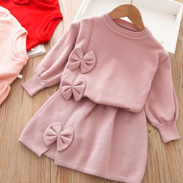 Girls Autumn Solid Top and Skirt Knitted Dress Wholesale Girl Clothing