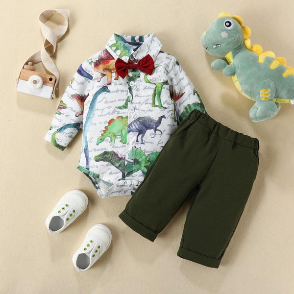 Autumn Baby Boys Dinosaur Romper + Solid Color Pants Set Wholesale Boys Clothes