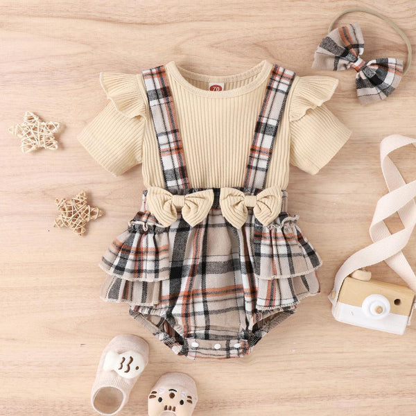 Infant Plaid Skirt Bow Short Sleeve Romper Wholesale Girls Clothes