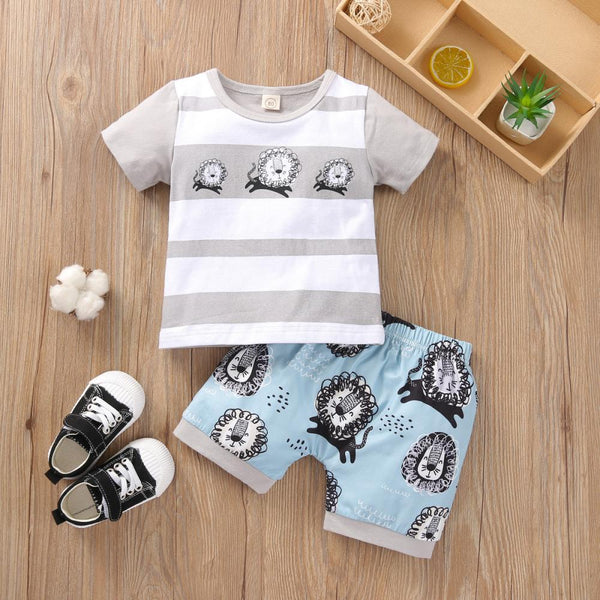 Summer Baby Boy Cartoon Animal Print Top And Shorts Set Wholesale Boys Clothes