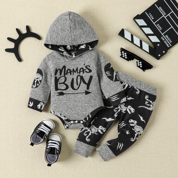 Boys and Girls Autumn Cartoon Dinosaur Letter Print Hooded Sweater Two-Piece Set Wholesale Baby Clothes