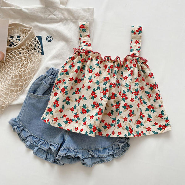 Girls Suit 2022 Summer Korean Style Suspenders Cute Shorts Two-Piece Set Wholesale Toddler Girls Clothing