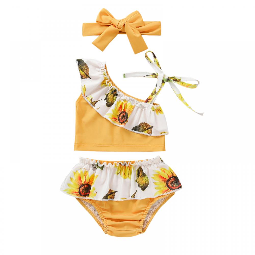 Toddler Girls Bikini Summer Lace Sleeveless Top and Shorts Head Band Plus Size Swimwear Wholesale
