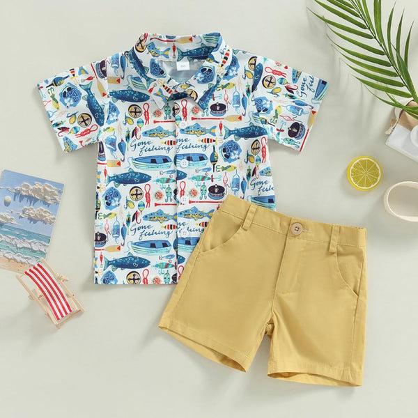 Summer Boy Suit Short Sleeve Printed Shirt Casual Shorts Handsome Boy Two-piece Set Wholesale Boys Clothes