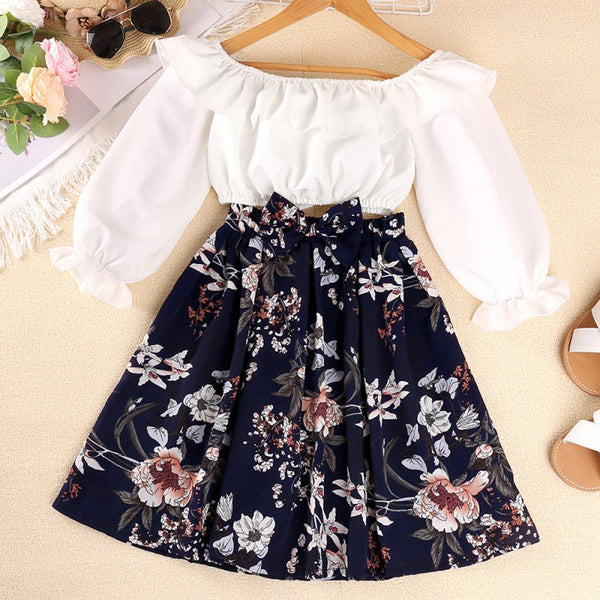 Autumn Western-style Fungus Side Long Sleeve + Floral Skirt Girls Suit Wholesale