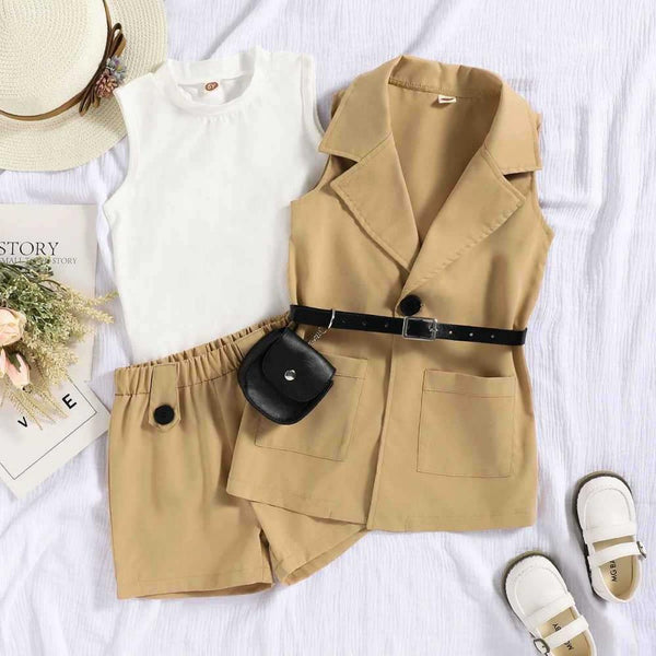 Spring And Summer Girls' Sleeveless Vest Suit Long Waistcoat Shorts Waist Pack Four-piece Suit Wholesale
