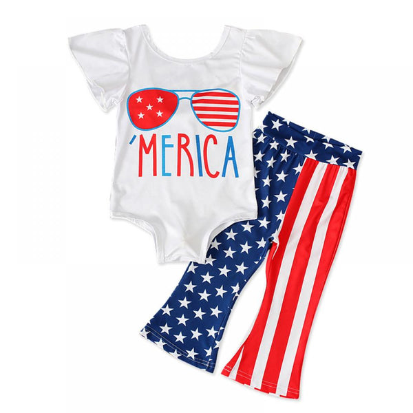 Toddler Girls Set Summer American Independence Day Flying Sleeve One-piece + Star Print Striped Flared Pants Two-piece Set Wholesale Children's Clothing Market
