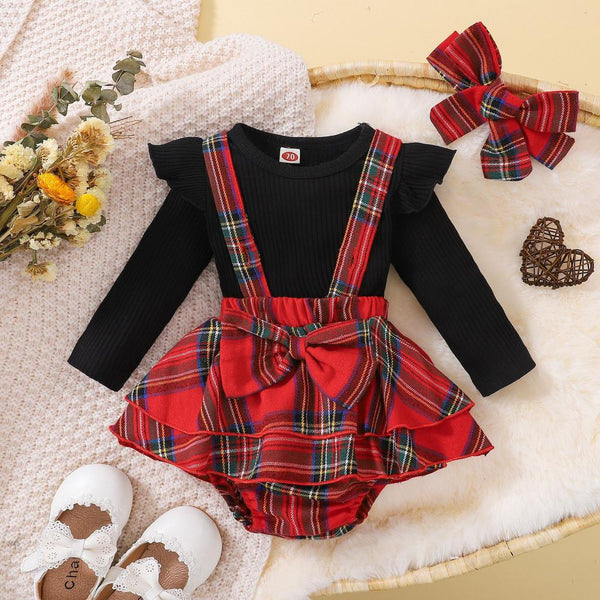 Baby Girl Christmas Cotton Pit Strip Pure Black Long Sleeve Top + Plaid Strap Romper Suit Wholesale
