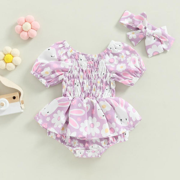 Baby Easter Jumpsuit Girls Summer Cute Rabbit Short Sleeve Jumpsuit Hair Band Wholesale Girls Clothes