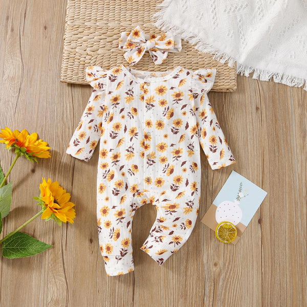 Autumn And Winter Girl Yellow Floral Flying Sleeve Jumpsuit Baby Girl Boutique Clothes In Bulk