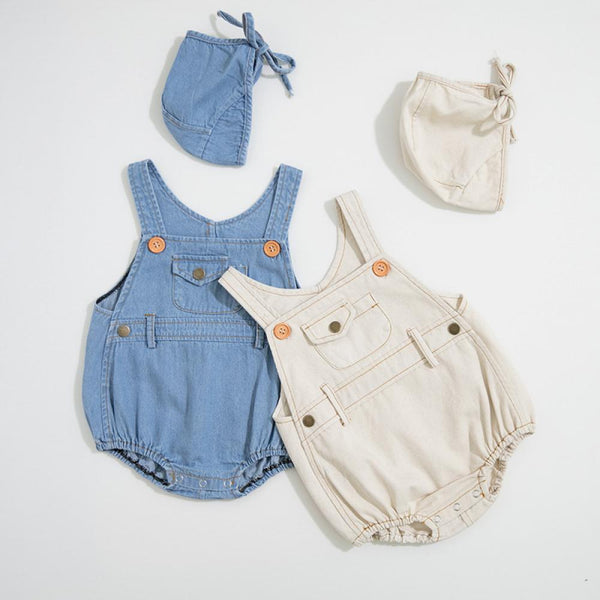 Baby Boys And Girls One-piece Summer Light Denim Romper Hat Two-Piece Set Triangle Romper Wholesale Baby Clothes