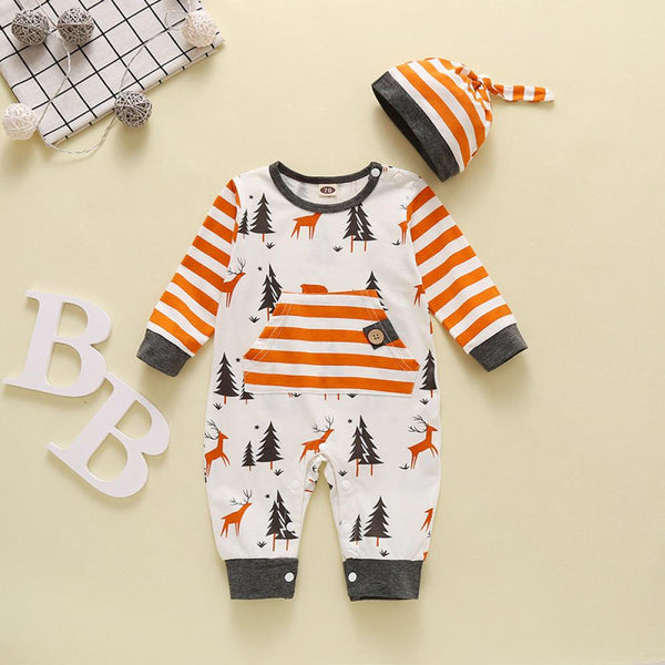 Spring and Autumn Children's Clothing Elk Striped Hat Set Boys and Girls Suit Wholesale Baby Clothes