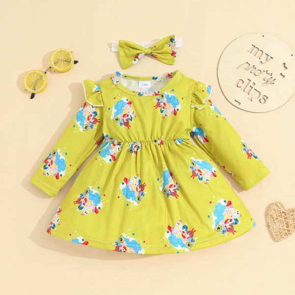 Spring And Autumn Baby Cartoon Printed Long Sleeve Dress Wholesale Girls Clothes