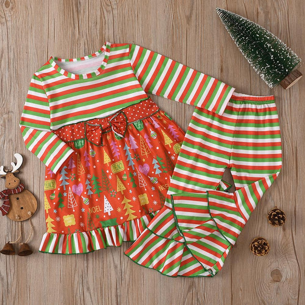 Girls Spring Autumn Stripe Christmas Set Bell Bottom Pants Wholesale Baby Girl Clothes