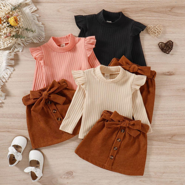 Children's Clothing Autumn And Winter Girls High Collar Knitted Corduroy A- Line Skirt Two-piece Suit Wholesale Girls Clothes