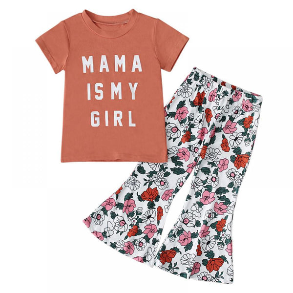 Toddler Girls Summer Letter Printed T-shirt And Floral Bell Bottoms Flared Pants Set Baby Girl Boutique Clothing Wholesale