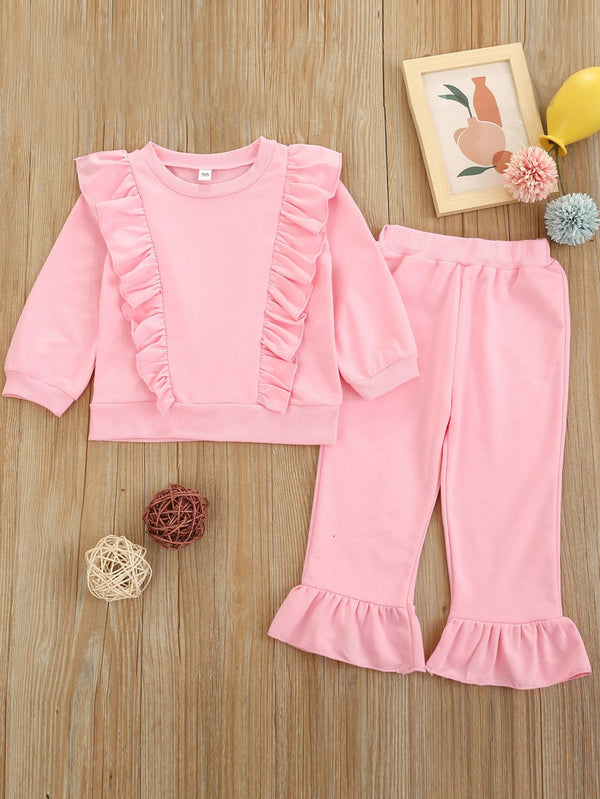 Autumn Little Girls Solid Color Flying-sleeve Top + Flared Pants Set Wholesale Girls Clothes