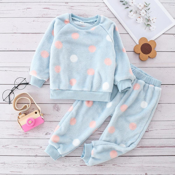 Autumn And Winter Flannel Girls Warm Suit Children's Cute Polka Dot Home Clothing Two-piece Set Wholesale Kids Clothes