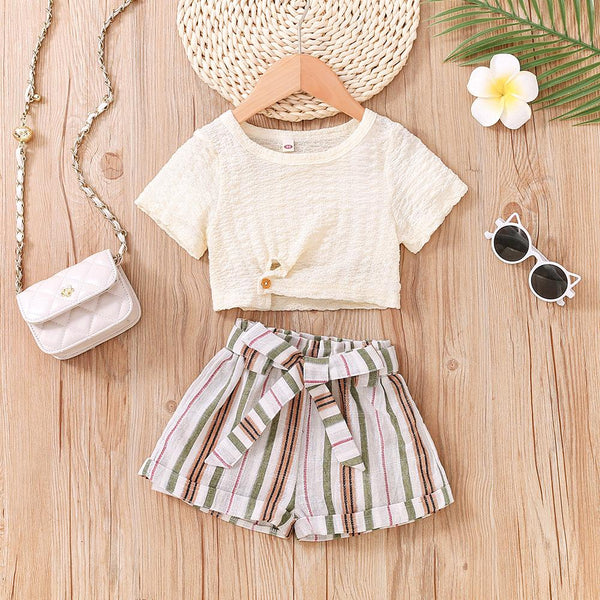 Girls Summer Solid Color T-shirt Striped Shorts Set Wholesale Girls Clothes