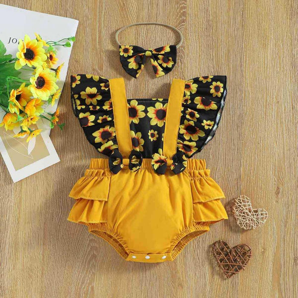 Spring And Summer Baby Girl Conjoined Sunflower Printed Flying Sleeves Romper Wholesale