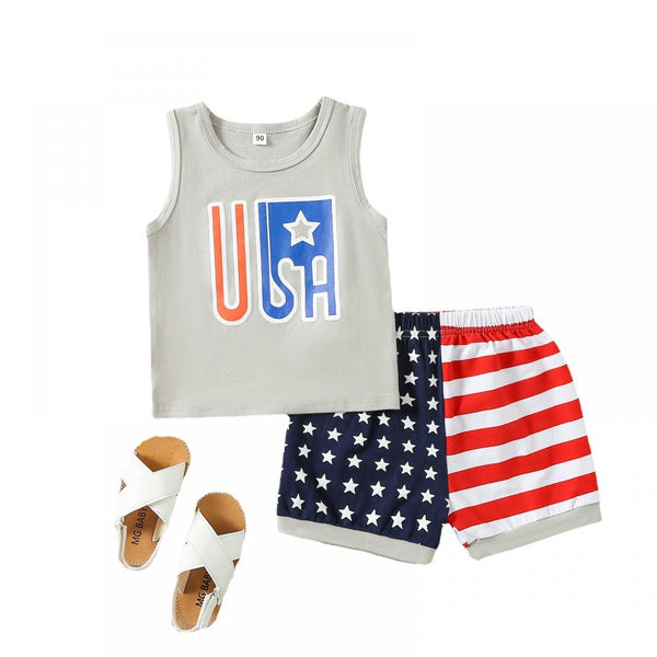 Boys Independence Days Flag Printed Tank Top and Shorts Set Baby Boy Wholesale Boutique