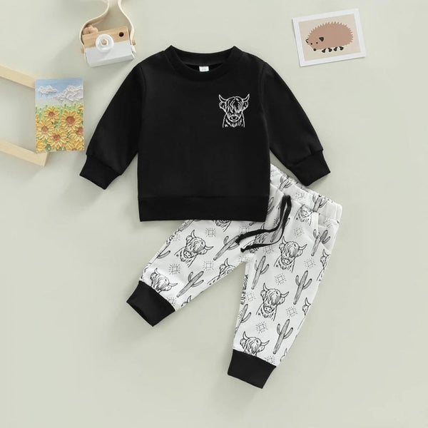 Baby Suit Spring And Autumn New Boys Long Sleeve Top Cow Head Printed Pants Two-piece Set Wholesale Boys Clothes