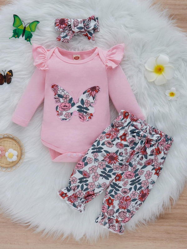 Baby Girl Autumn and Winter Butterfly Bohemian Floral Trousers Three-piece Set Wholesale Girls Clothes