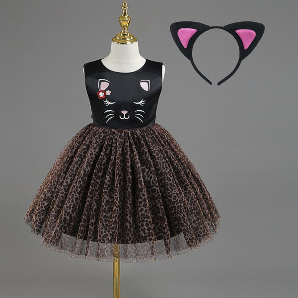 Girls Animal Cartoon Costume Black Leopard Gauze Dress Girls Wholesale Dresses