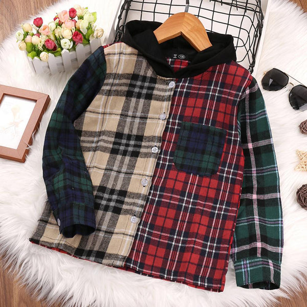Spring and Autumn Boys Color-block Plaid Long Sleeve Shirt Top Wholesale Boys Clothes