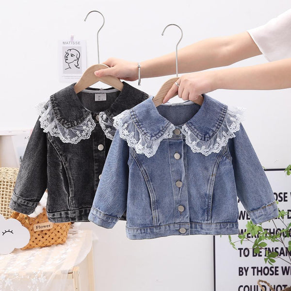 Toddler Girls Spring and Autumn Denim Jacket Lace Collar Girls Clothes Wholesale