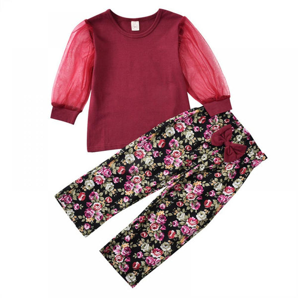 Toddler Girls Spring Autumn Top and Bow Floral Pants Set Girls Boutique Clothes Wholesale