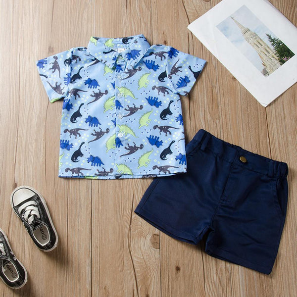 Summer Boy Blue Dinosaur Cute Shirt + Shorts Wholesale Boys Clothes