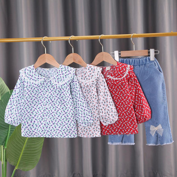 Toddler Girls Floral Top and Denim Pants Set Toddler Girls Wholesale