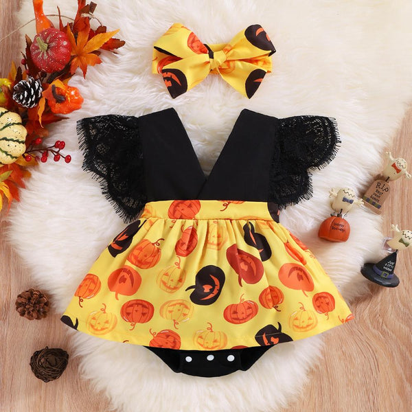 Baby Girl Halloween Lace Flying Sleeve Pumpkin Skirt Romper Wholesale Baby Girl Clothes
