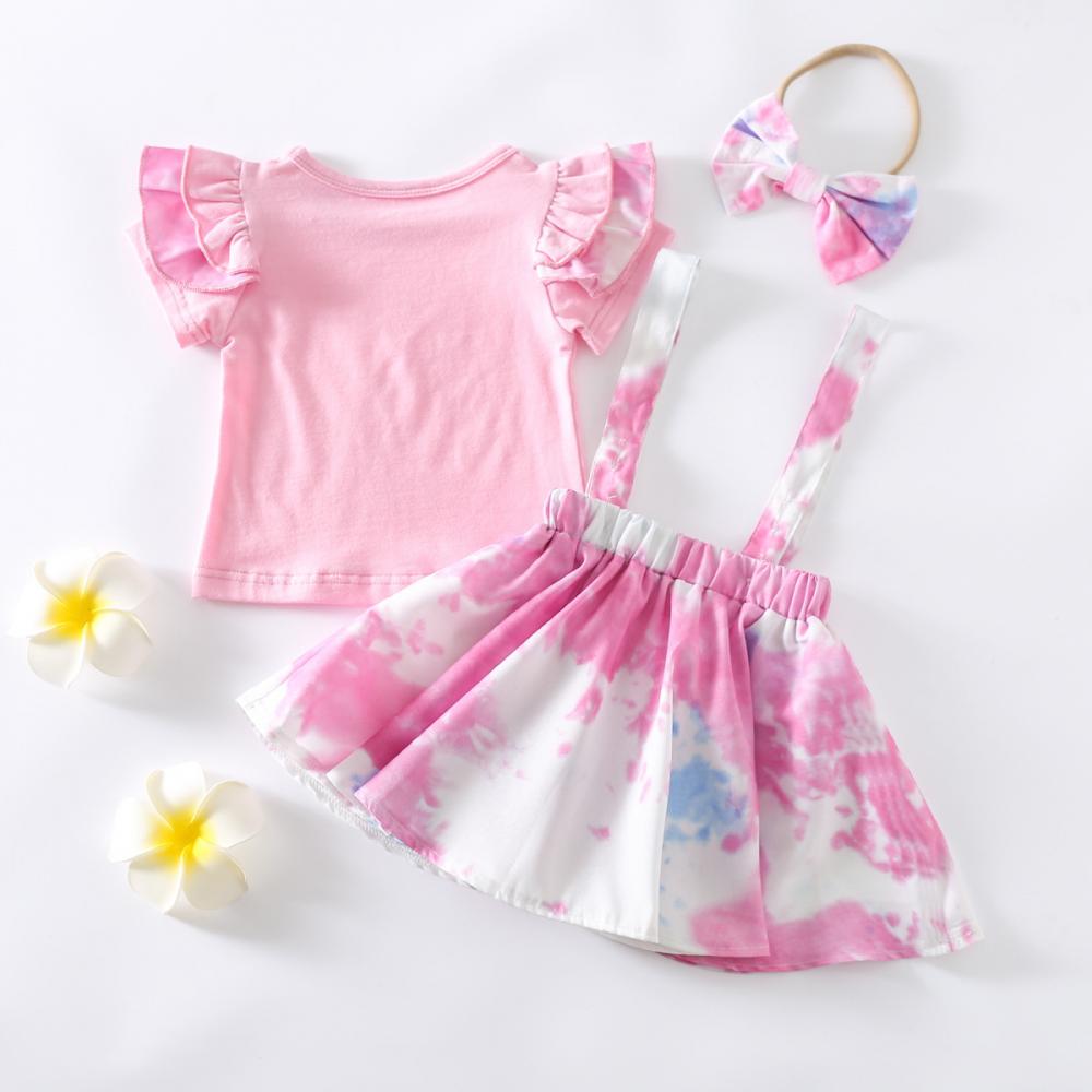 Baby N Toddler Girls Solid Pink Top And Tie Dye Bow Suspenders Skirt and Headband Set Baby Clothes Cheap Wholesale